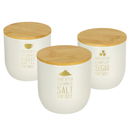 Stay happy set 3 barattoli metallo panna coperchio bamboo
